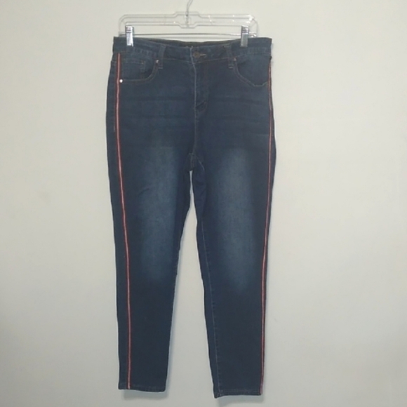 Earl - Women's Skinny Ankle Blue Jeans with Red Stripe - Size 14 - Picture 1 of 7